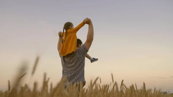 Glad familjefest. Barnet och föräldern leker i naturen. Lilla dottern på böndernas fars axlar. Lycklig familj på semester. Baby och pappa reser i ett vetefält — Stockfoto