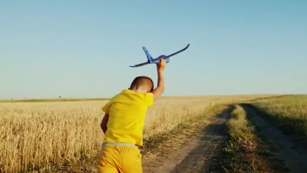 Child, boy, runs with toy airplane in summer through wheat field. Happy child running around in park, playing with toy airplane outdoors. Boy dreams of flying. Carefree child is playing. Happy family — Video