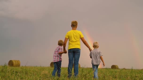 As crianças brincam no campo e admiram o arco-íris no céu, uma família feliz caminha no parque. A equipe de crianças levanta as mãos e se alegra. Crianças ativas sonham, saltam. Trabalho em equipe. Uma família feliz. — Vídeo de Stock