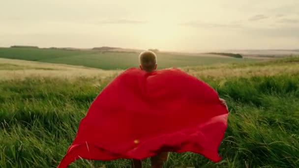 Gelukkige jongen, superheld, rent door het groene veld in rode mantel, camoufleert fladdert in de wind. Kinderspelletjes, dromen. Langzame beweging. Tiener droomt ervan om superheld te worden. Rode mantel eikel, droom uitdrukking — Stockvideo