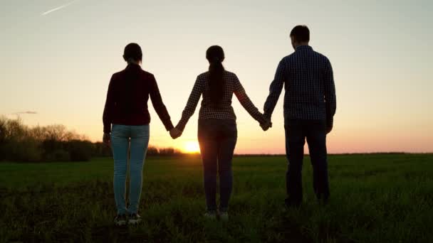 Socios de negocios hombres y mujeres, trabajo en equipo. Familia cogida de la mano. Oración al atardecer. Familia, equipo tomados de la mano, silueta al atardecer. Unidad de un grupo de personas cogidas de la mano. Trabajo en equipo. — Vídeo de stock