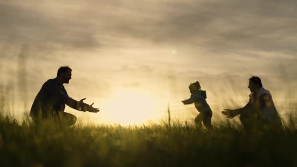 Happy család játszik a parkban naplementekor. A lánya apa és anya között szalad a napon. Boldog család és gyermekkor koncepció. Családi hétvége tavasszal a fűben. Séta a kisgyerek a természetben. — Stock videók