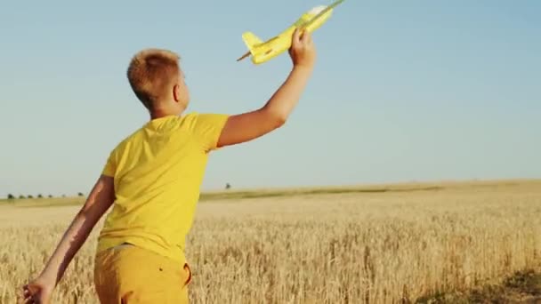 Chlapče, ten kluk běhá s letadýlkem v letním poli v paprscích západu slunce. Chlapec sní o létání. Šťastné dítě běhající v parku, hrající si s letadýlkem v přírodě. Bezstarostné dítě si hraje venku. Šťastná rodina — Stock video