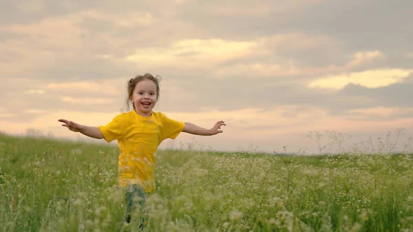 Счастливое дитя, девочка бегает по зеленой траве, поднимая руки, радуясь, улыбаясь смеясь. Счастливая маленькая девочка мечтает летать на природе. Детские фантазии. Ребенок бежит по полю цветов. Счастливая семья — стоковое фото