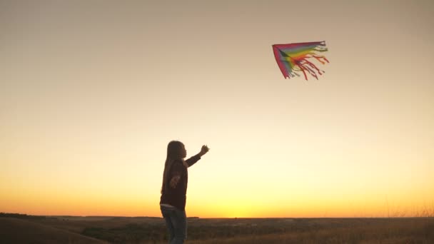 A happy girl with a kite in her hands walks across field in rays of sunset. A carefree child dreams of freedom, flight. Teenager plays with toy aerial ground outdoors in park. Childhood dream concept — Stock Video