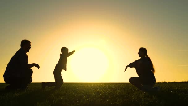 Lycklig familj leker i parken vid solnedgången. Dottern springer från pappa till mamma i solen. Glad familj och barndom koncept. Familjehelg på våren på gräs. Promenad med liten unge i naturen. — Stockvideo