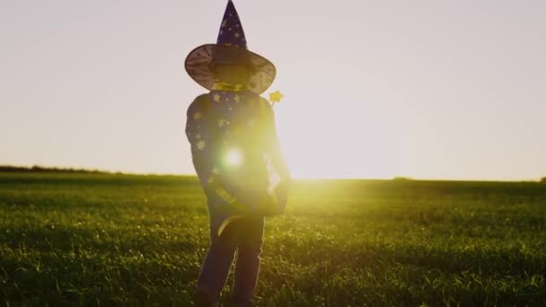 Boy, toddler dressed in a wizards costume, raises his hands, dreams of punching in sun. Halloween. Child plays in magicians cloak at sunset, fantasizes and waves magic wand. Happy childhood, family — Stock Video