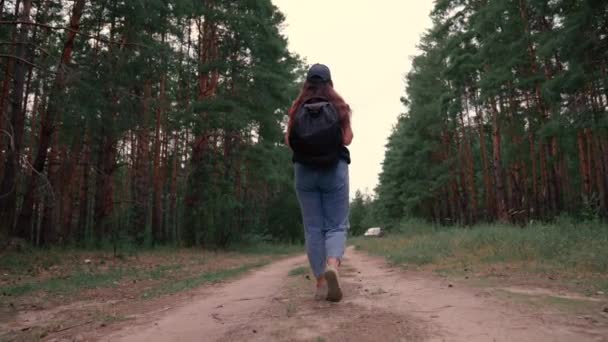 Aktywna, zdrowa, biała kobieta z plecakiem, biorąca drewno. Młoda kobieta piesza wędrówka w lesie jesienią. Kobieta podróżnik z spacerów wzdłuż lasu widok z tyłu, rekreacji, bio-turystyki, Turystyka. Zwolniony ruch — Wideo stockowe