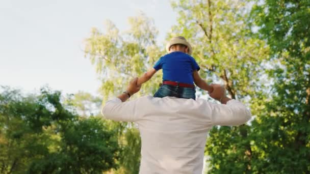 Dad walks with his son on his shoulders in summer park. Happy family. Father plays with his beloved boy, child, daddy and baby walk in woods. Child and parent. Family weekend in nature. Joyful family — Stock Video