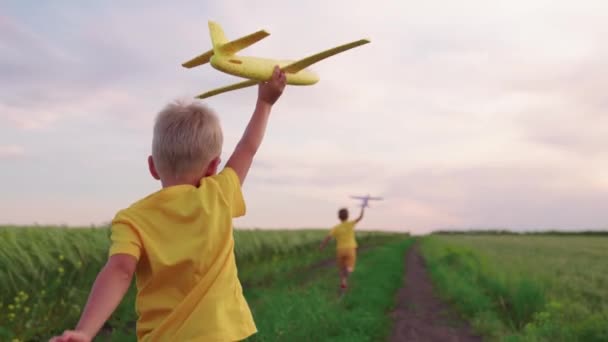 Crianças felizes correm no parque, brincando com aviões de brinquedo no verão na natureza. Menino corre com avião de brinquedo no campo de trigo. Família feliz. Os rapazes sonham em voar. Criança despreocupada brincando ao ar livre — Vídeo de Stock