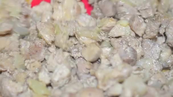 Ακατέργαστο κρέας είναι τηγανισμένο σε ένα τηγάνι — Αρχείο Βίντεο