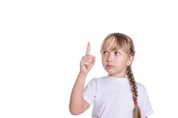 The girl shows a finger up — Stock Photo, Image