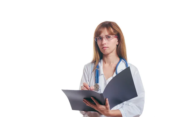 The doctor with the black folder writes the clinical record — Stock Photo, Image