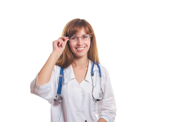 The doctor wearing spectacles smiles — Stock Photo, Image