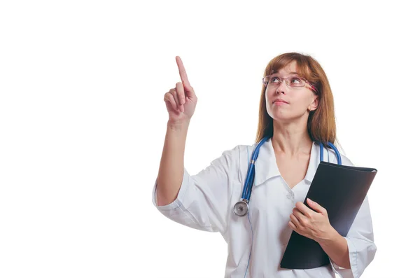 The doctor with the black folder shows a finger up — Stock Photo, Image