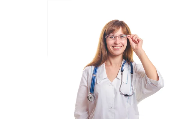 The doctor holds a hand points and smiles — Stock Photo, Image