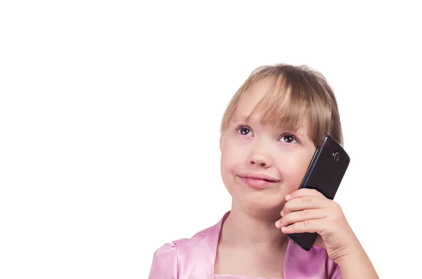 La ragazza parla al telefono nero e sorride — Foto Stock