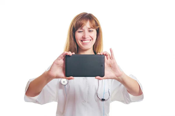 The doctor photographs the tablet — Stock Photo, Image