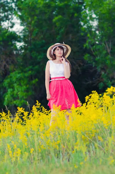 La mujer en el sombrero y el vestido descansa al aire libre — Foto de Stock