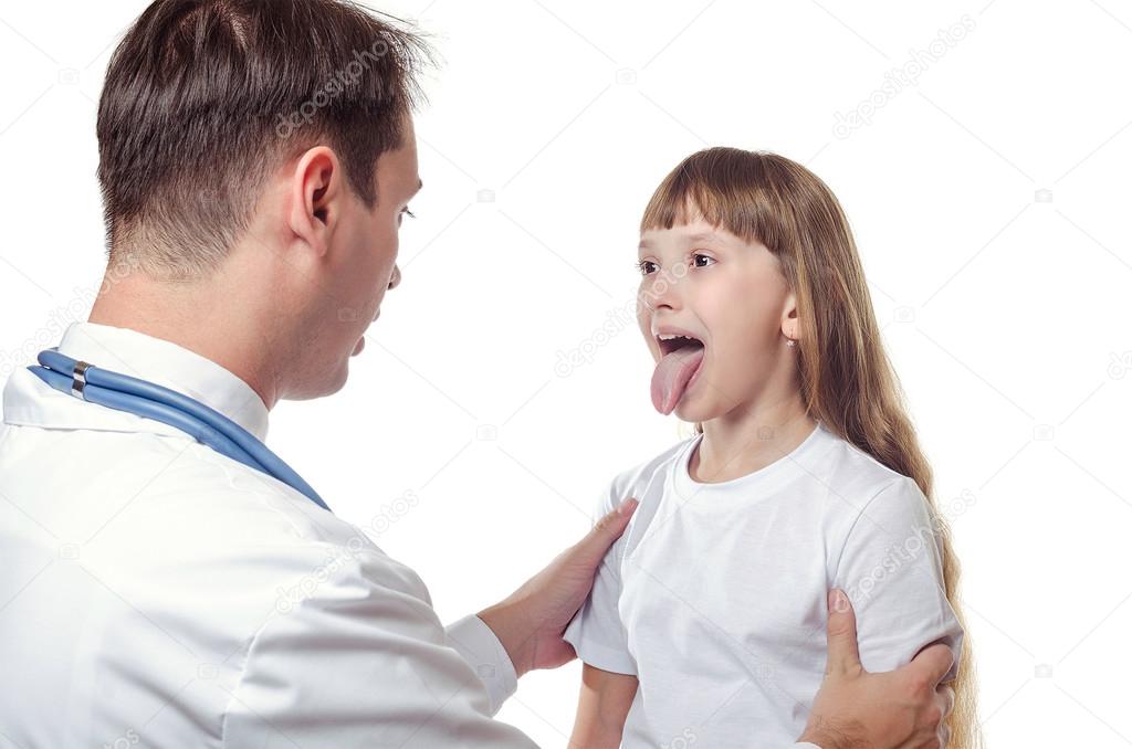The girl shows to the doctor a throat