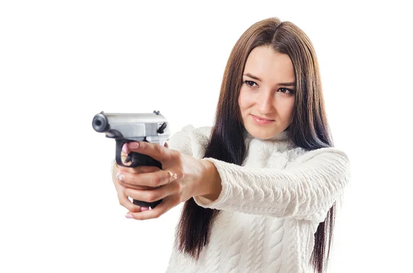 The woman shoots from the pistol — Stock Photo, Image