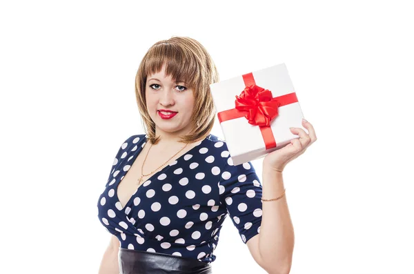The girl holds a box with a gift in hand — Stock Photo, Image