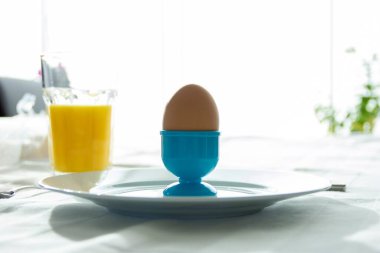 Parlak bir portre portresi portakal suyu ve kaynamış bir yumurta ile beyaz bir tabakta parlak bir pencerenin önünde..