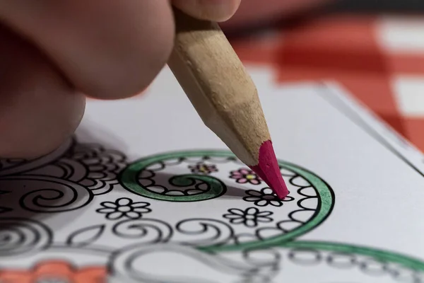 Close-up of someone coloring in a coloring book with a red pencil. An adult coloring in a coloring book for adults.