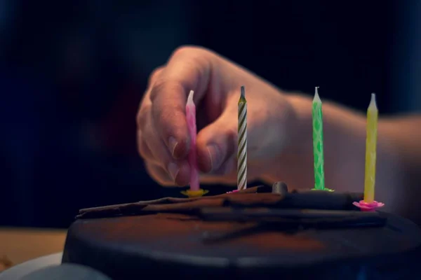 Portrait Person Putting Candles Chocolate Birthday Cake Blow Out Celebrate — Stock Photo, Image