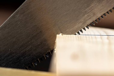 Bir marangoz tarafından kesilen ahşap bir kalasın yakın plan portresi. Testerenin dişleri sanki tereyağıymış gibi tahtayı parçalıyor..