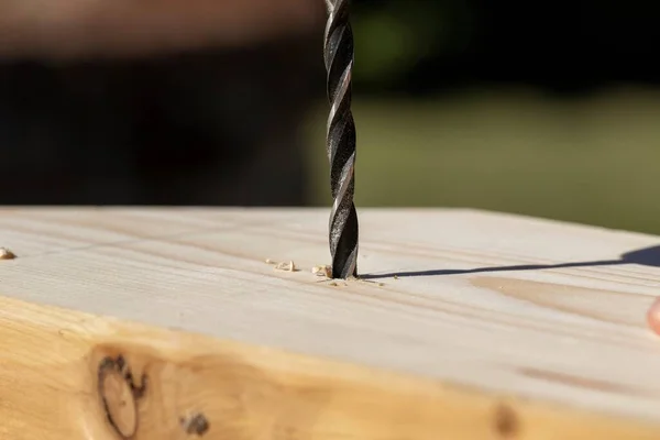 A closeup portrait of a person drilling a hole in a piece of pine wood. The wood drill bit has already drilled itself a bit into the wooden plank, there are a few wood chips lying around.