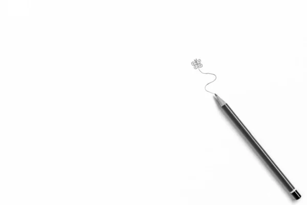 Minimalistický Abstraktní Černobílý Portrét Kreslicí Tužky Bílém Pozadí Kresleným Motýlem — Stock fotografie