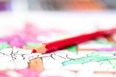 Yetişkinler için boyama kitabının üzerinde duran kırmızı bir kalemin yakın plan portresi. Sayfa zaten biraz renkli, ama bazı kısımları hala beyaz ve siyah hatlar verilmeye hazır..