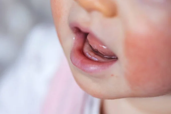 Macroretrato Una Boca Bebé Con Los Dos Primeros Dientes Blancos — Foto de Stock