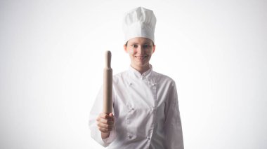 Aşçı kadın. Beyaz arkaplan üzerinde izole edilmiş