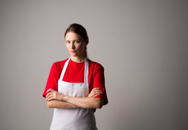 Aşçı kadın. Beyaz arkaplan üzerinde izole edilmiş