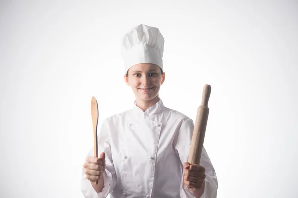 Mulher Chef Isolado Sobre Fundo Branco — Fotografia de Stock