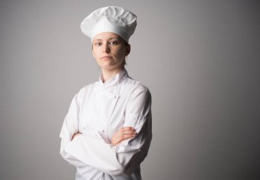 Aşçı kadın. Beyaz arkaplan üzerinde izole edilmiş