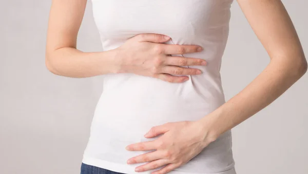 Young Beautiful Woman Holding Her Belly Abdominal Pain — Stock Photo, Image