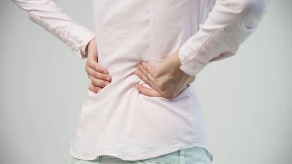 Tired Woman Feeling Neck Pain Massaging Tense Muscles Back Pain — Stock Photo, Image