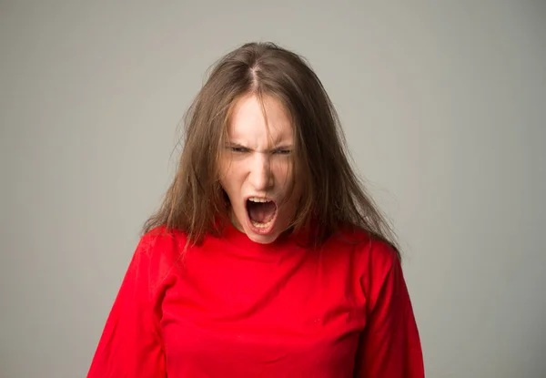 Screams Hatred Rage Crying Emotional Angry Woman Screaming Blue Studio — Stock Photo, Image