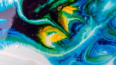 Mürekkep, boya, soyut. Yakın plan fotoğraf. Renkli soyut resim arkaplanı. Yüksek desenli yağlı boya. Yüksek kalite parçalar.