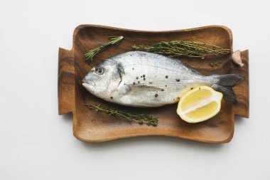 Taze balık dorado. Dorado ve yemek malzemeleri. Fotokopi alanı olan üst görünüm..