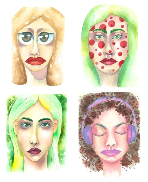 Набір з 4 акварельних жіночих облич для вашого дизайну. Збірка різних портретів, стилізовані ікони жінок . — стокове фото