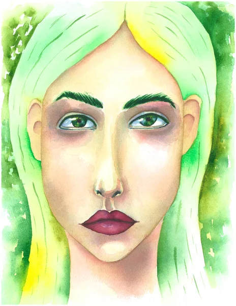 Портрет зеленої жінки з темними губами — стокове фото