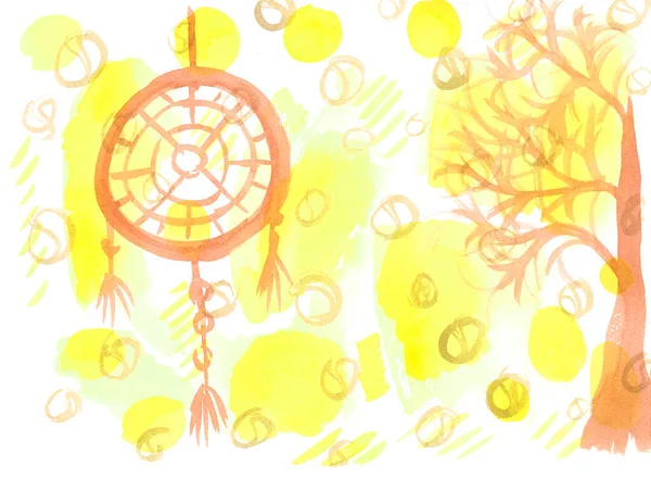Abstract brush yellow hand drawn watercolor on white background. Orange, brown dreamcatcher and big tree.