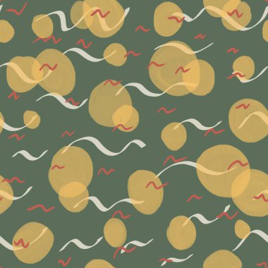 Çemberler soyut, dikişsiz arka plan rasterleri, şık, soyut noktalar ve çizgiler. Yeşil, sarı, beyaz ve kırmızı renkler. Geçmiş için iyi, ambalaj kağıdı, ağ ve kumaş için hediye paketi.