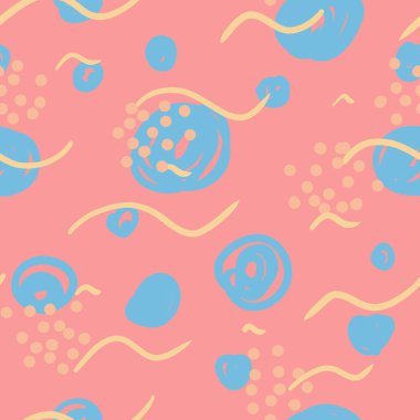 Mavi, pembe, sarı tekrarlanan desen. Kusursuz bir doku. Çiçekler ve tatlı meyvelerle süslenmiş soyut bir süs..