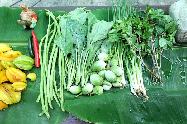 Grünes Gemüse. Nahaufnahme von frisch geerntetem Gemüse (Paprika, Auberginen, Bohnen, Zwiebeln, Grünkohl) bunte Gemüse Hintergrund. — Stockfoto