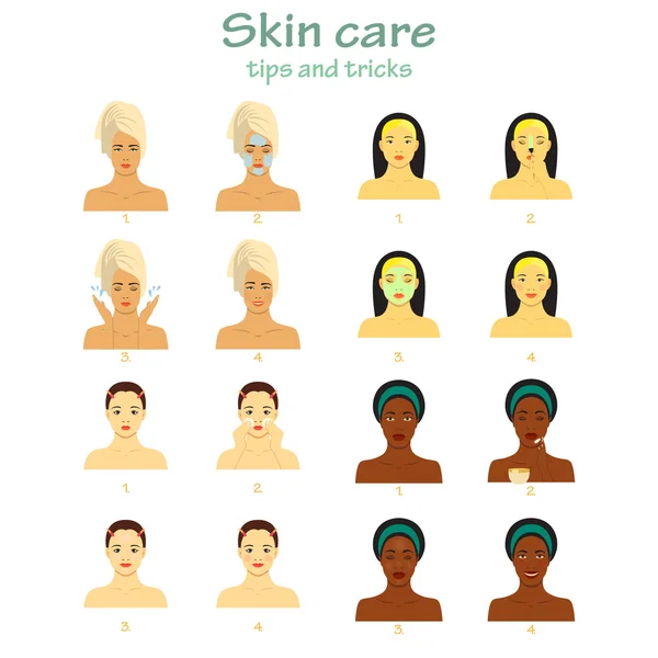 Icon set for skincare infographic. Young women showing four steps face care. Different skin tones. — Stock Vector